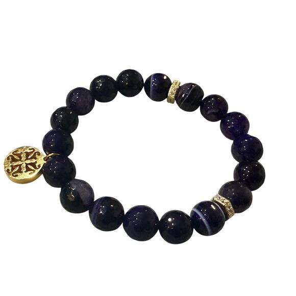 Rustic Cuff PURPLE ONYX BEADS w/ Gold accents & logo Stretch Stacking Bracelet - Picture 8 of 12
